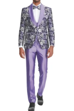 Purple Slim Fit 3 Piece Floral Jacquard Tuxedo