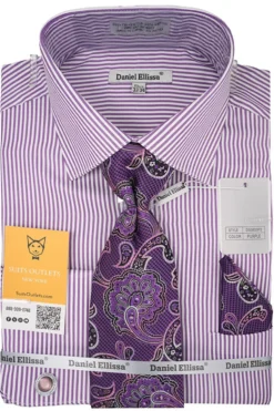 Purple White Bold Stripe French Cuff Dress Shirt with Tie, Cuff Links and Pocket Square