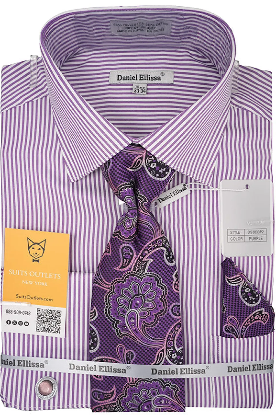 Purple White Bold Stripe French Cuff Dress Shirt with Tie, Cuff Links and Pocket Square