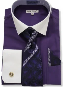 Purple Geometric Jacquard Pattern French Cuff Dress Shirt Set