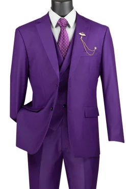 Purple Modern Fit 3 Piece Suit with Vest and Adjustable Waistband Pants