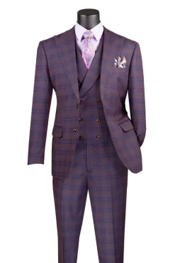 Purple Modern Fit Windowpane Peak Lapel 3 Piece Suit