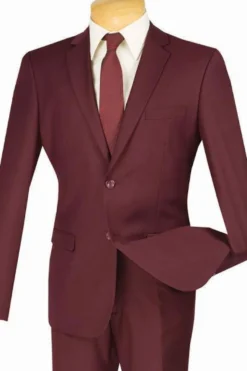 (38R, 52L) Burgundy Slim Fit Men's 2 Piece Business Suit 2 Button
