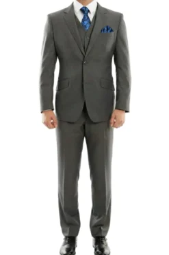 (38R, 40R, 46L) Modern Fit 3 Piece Dark Gray Wool Suit