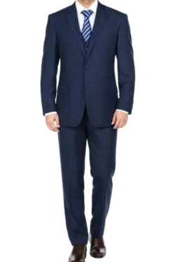 (38R) Regular Fit 3-Piece Blue 2-Buttons Glen Plaid Suit