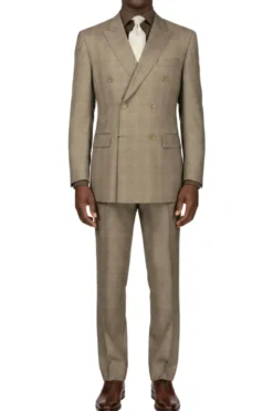 (42R, 42S, 54L, 60L) Tan Double Breasted 2 Piece Suit Regular Fit Glen Plaid