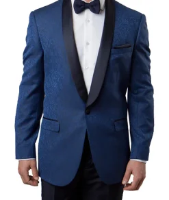 (38R) Blue Slim Fit Floral Pattern Blazer Satin Shawl Collar