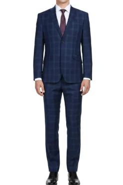 (46R) Classic Wool Regular Fit 2 Piece Checked Dress Suit in Blue