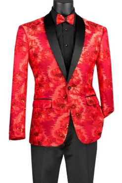 Red Embroidery Slim Fit Jacket Shawl Lapel