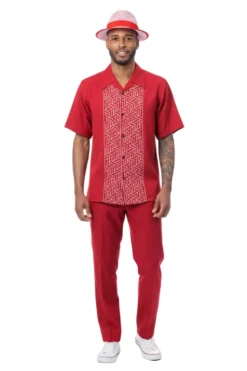 Red Geometric Panel Short Sleeve Walking Suit