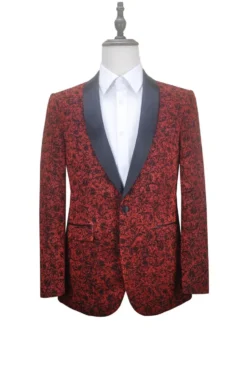 Red Slim Fit Floral Pattern Jacket Shawl Lapel