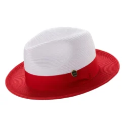 Red Two-Tone Wide Brim Matching Grosgrain Ribbon Braided Braided Straw Fedora