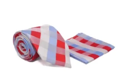 Red White Blue Check Pattern Tie and Pocket Square Set