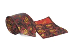 Red Yellow Floral Pattern Men's Tie and Pocket Square Set