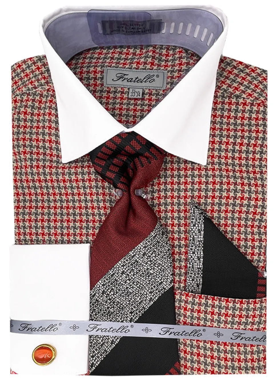 Red Plaid Dress Shirt Set with Tie and Handkerchief
