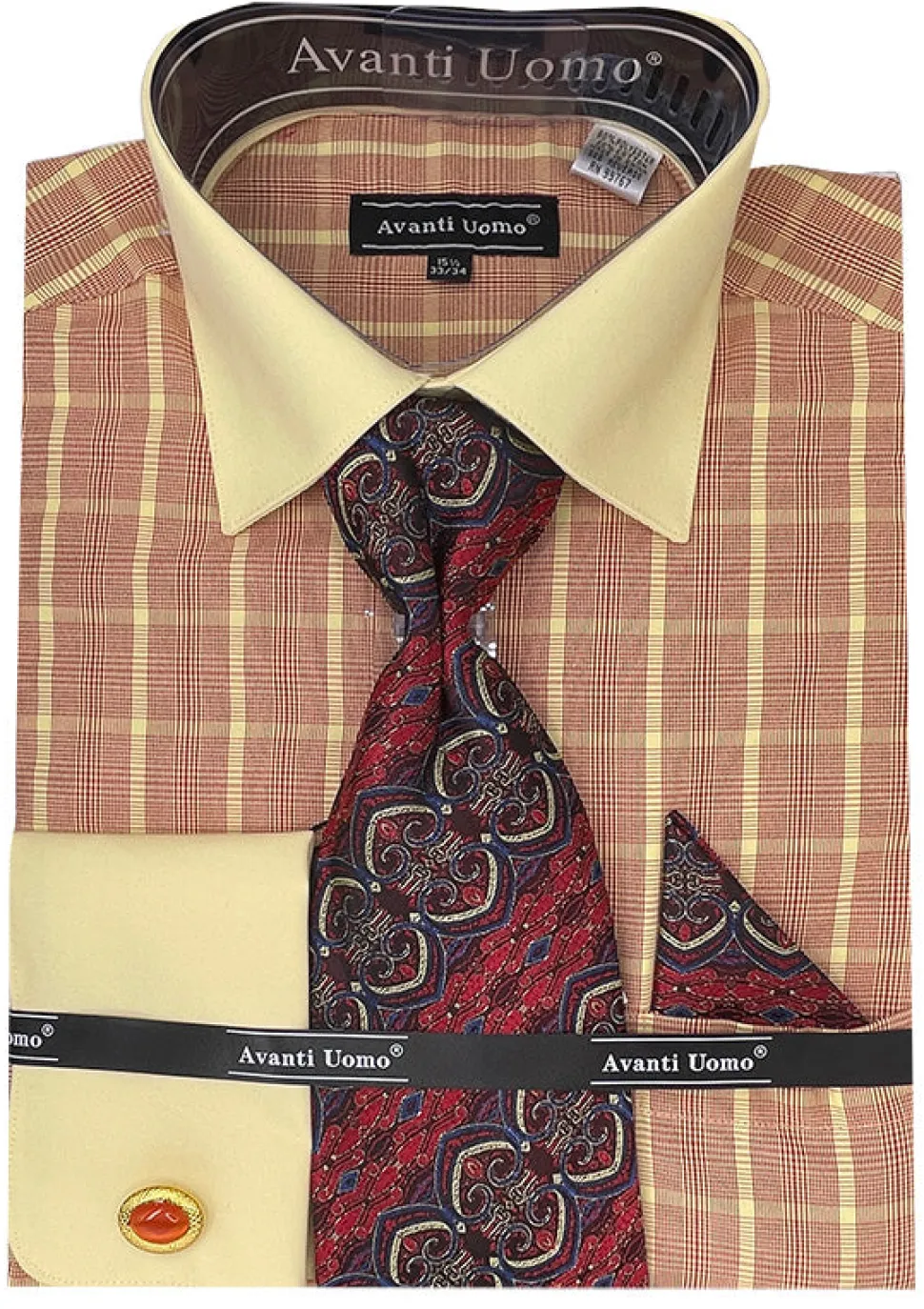 Red Tone on Tone Check Pattern Dress Shirt Set with French Cuff