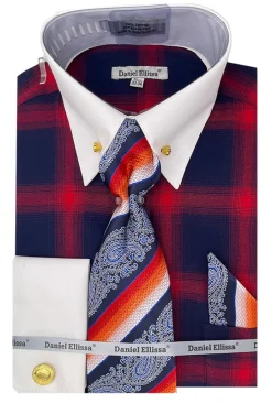Red Tone on Tone Check Printed French Cuff Dress Shirt Set with Tie and Pocket Square