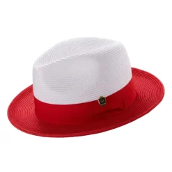 Red Two-Tone Wide Brim Matching Grosgrain Ribbon Braided Braided Straw Fedora