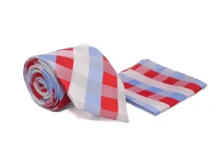 Red White Blue Check Pattern Tie and Pocket Square Set
