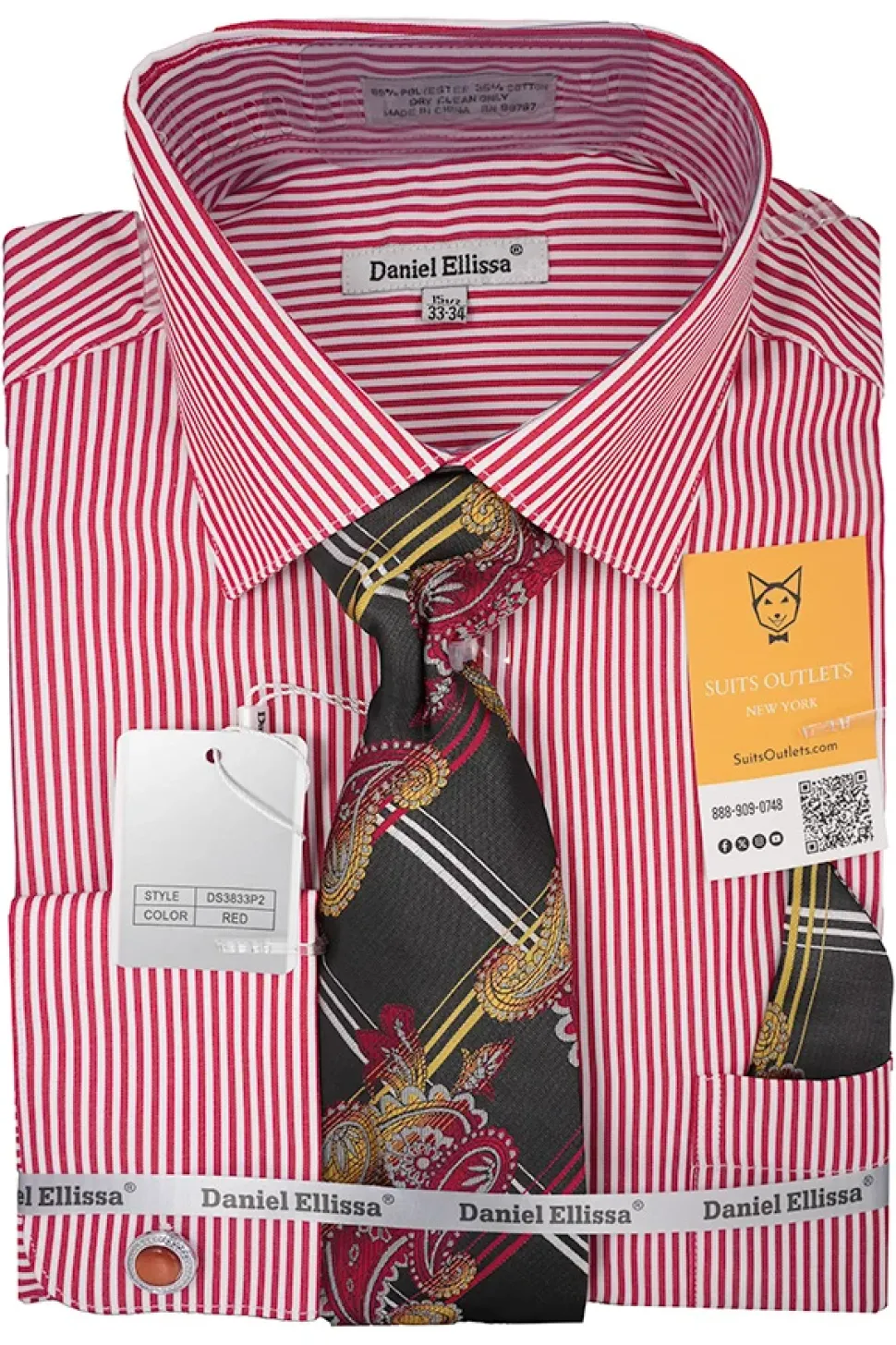 Red White Bold Stripe French Cuff Dress Shirt with Tie, Cuff Links and Pocket Square