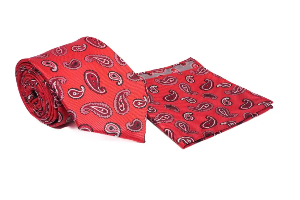 Red White Paisley Pattern Men's Tie and Pocket Square Set