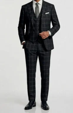 Regular Fit Plaid 3 Piece Suit in Black