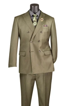 Regular Fit Dusty Green Double Breasted 2 Piece Sharkskin Suit with Adjustable Waistband Pants