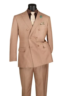 Regular Fit Mocha Double Breasted 2 Piece Sharkskin Suit with Adjustable Waistband Pants