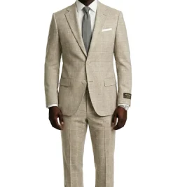 Regular Fit 2 Piece Plaid Suit in Taupe
