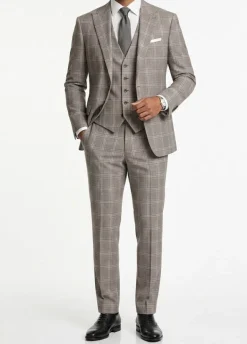 Regular Fit Plaid 3 Piece Suit in Taupe