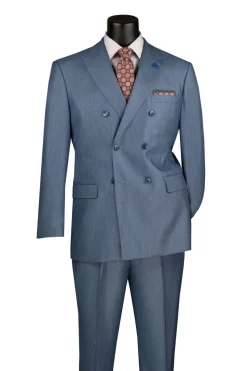 Regular Fit Smoke Blue Double Breasted 2 Piece Sharkskin Suit with Adjustable Waistband Pants