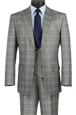 Renaissance Collection - Regular Fit Glen Plaid 3 Piece Suit Gray