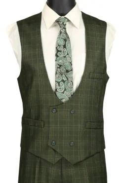 Renaissance Collection - Regular Fit Glen Plaid 3 Piece Suit Olive