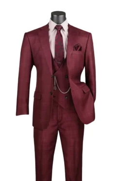 Renaissance Collection - Regular Fit Glen Plaid 3 Piece Suit Burgundy