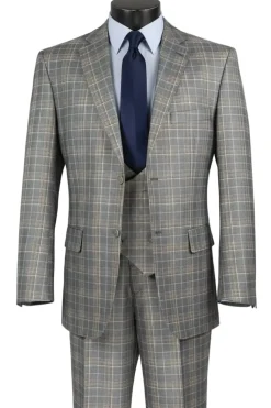 Renaissance Collection - Regular Fit Glen Plaid 3 Piece Suit Gray