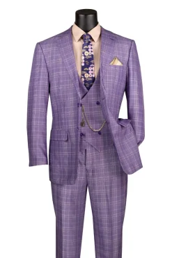 Renaissance Collection - Regular Fit Glen Plaid 3 Piece Suit Light Purple