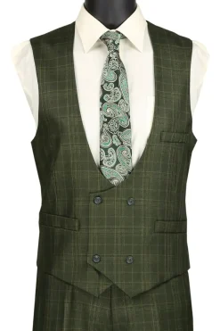 Renaissance Collection - Regular Fit Glen Plaid 3 Piece Suit Olive