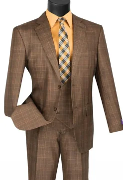 Renaissance Collection - Regular Fit Glen Plaid 3 Piece Suit Chestnut