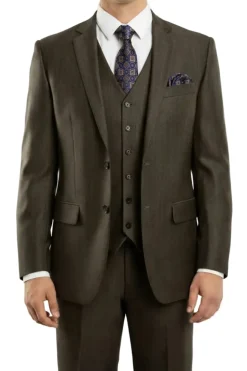 (34R, 40L) Charcoal Brown 3 Piece Modern Fit Suit 2 Button V-Neck Vest