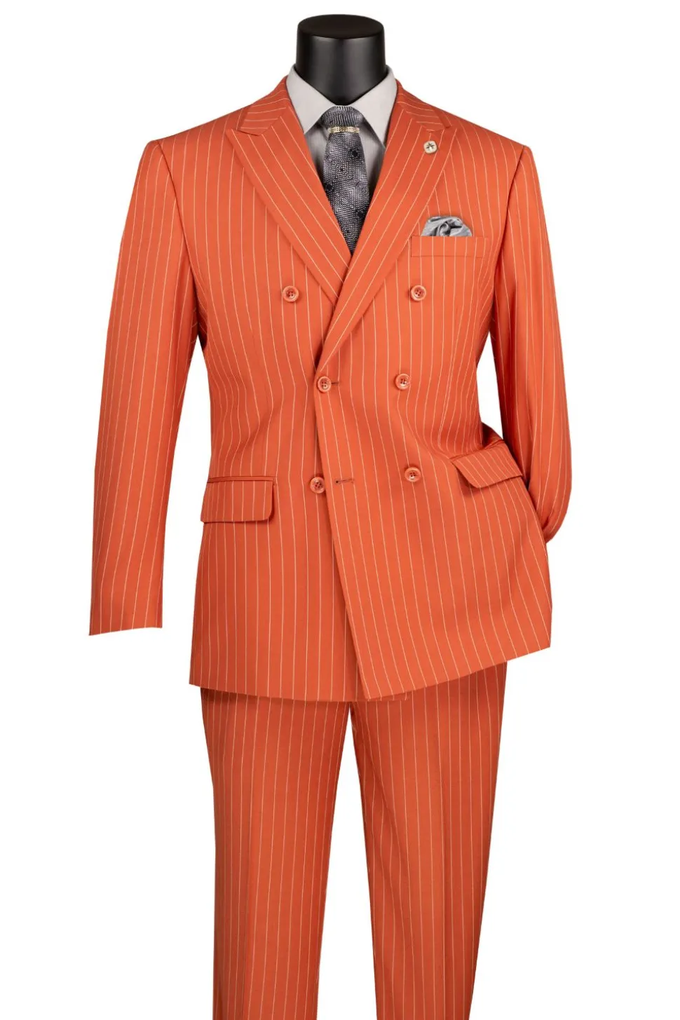 Rockefeller Collection - Double Breasted Stripe Suit Orange Regular Fit 2 Piece with Adjustable Waistband Pants