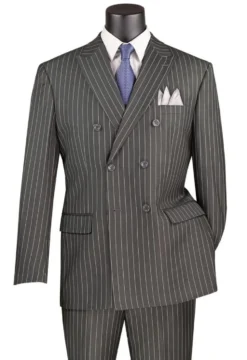 Rockefeller Collection - Double Breasted Stripe Suit Charcoal Regular Fit 2 Piece with Adjustable Waistband Pants