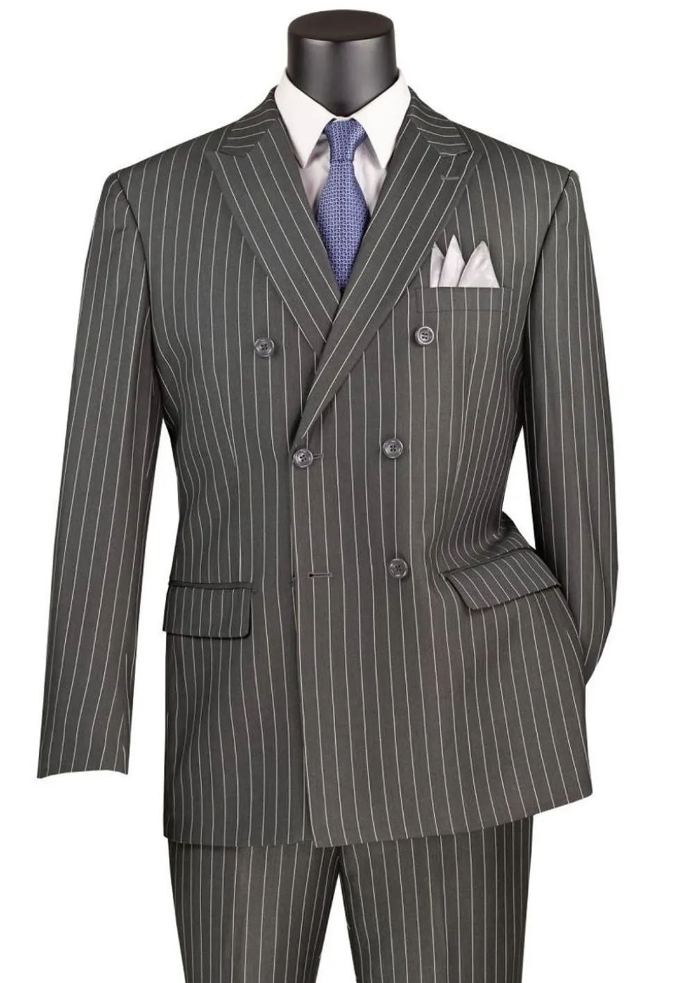 Rockefeller Collection - Double Breasted Stripe Suit Charcoal Regular Fit 2 Piece with Adjustable Waistband Pants