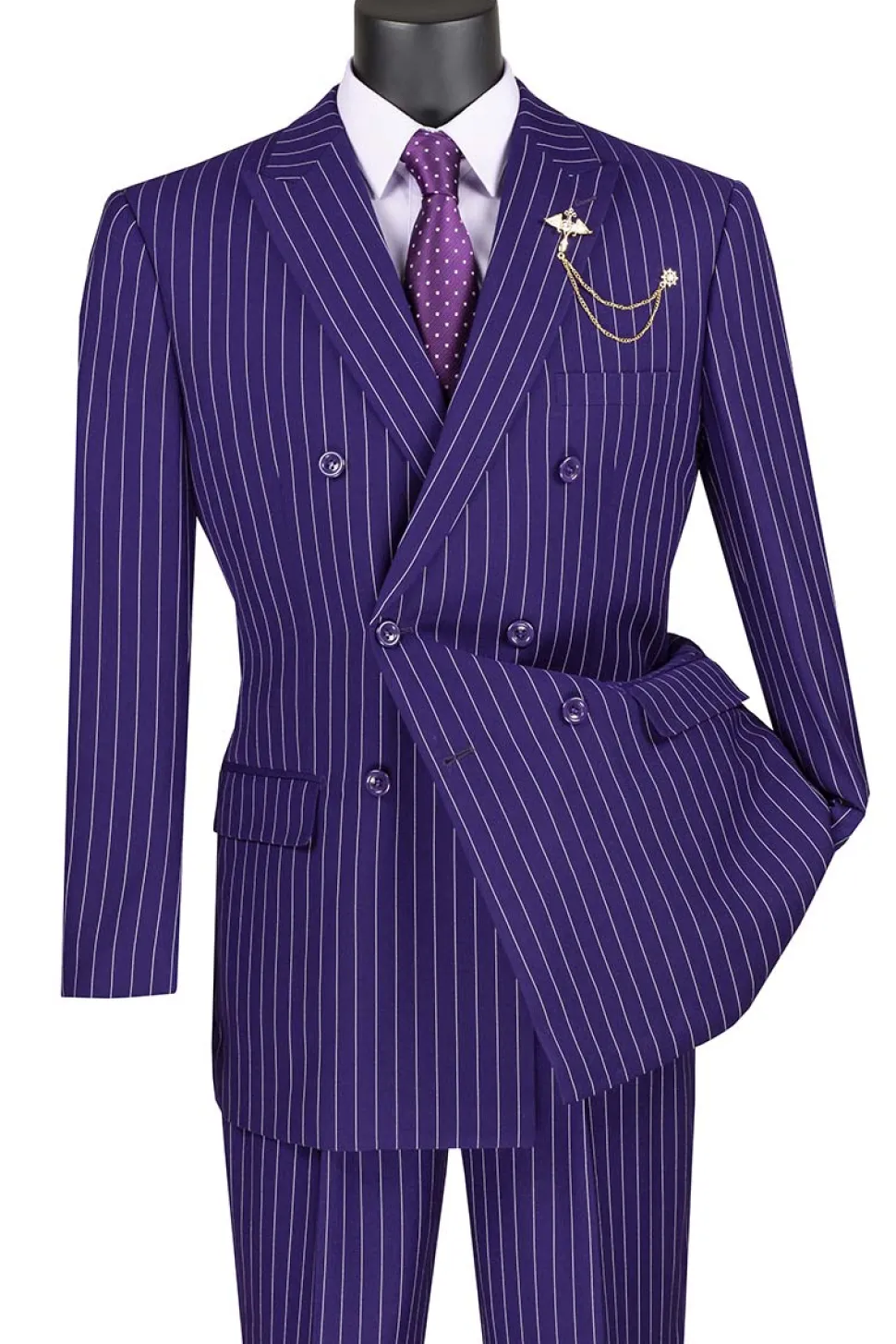 Rockefeller Collection - Double Breasted Stripe Suit Purple Regular Fit 2 Piece with Adjustable Waistband Pants