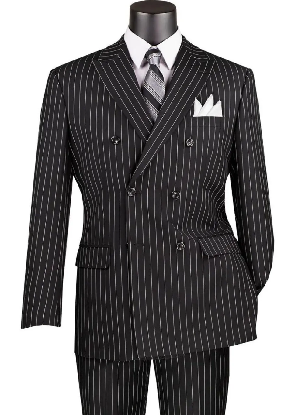 Rockefeller Collection - Double Breasted Stripe Suit Black Regular Fit 2 Piece with Adjustable Waistband Pants