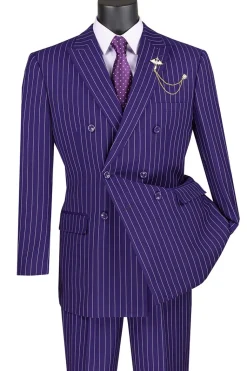 Rockefeller Collection - Double Breasted Stripe Suit Purple Regular Fit 2 Piece with Adjustable Waistband Pants