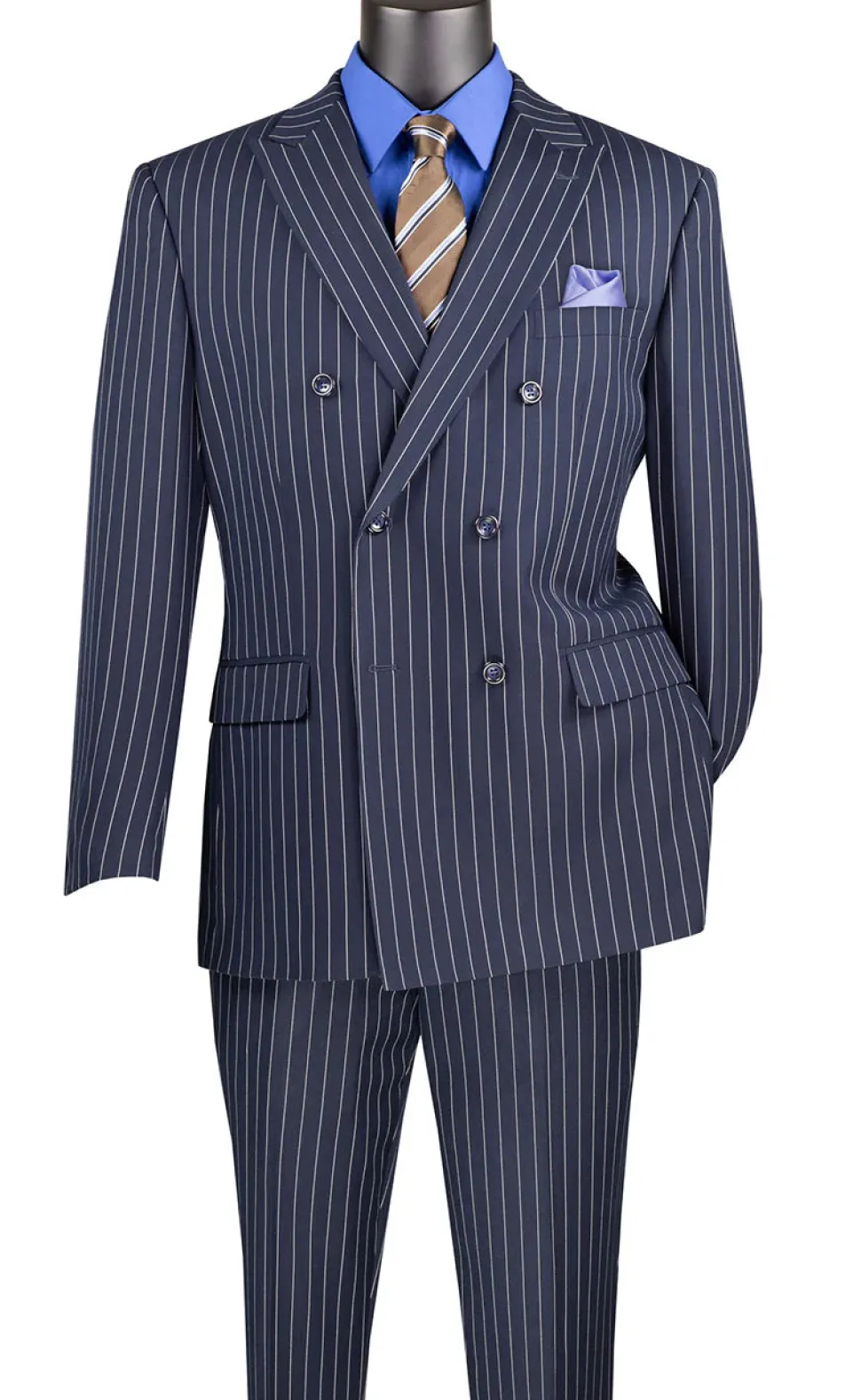 Rockefeller Collection - Double Breasted Stripe Suit Navy Regular Fit 2 Piece with Adjustable Waistband Pants