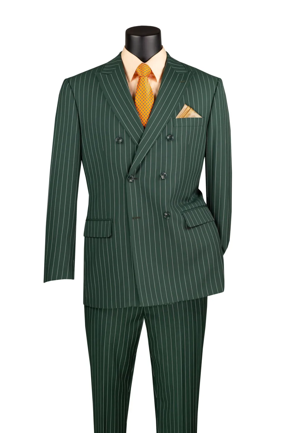 Rockefeller Collection - Double Breasted Stripe Suit Hunter Green Regular Fit 2 Piece with Adjustable Waistband Pants