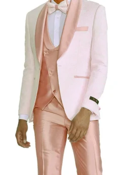Rose Gold Pink Slim Fit Tuxedo 4 Piece with Satin Shawl Collar Beveled Designed Vest