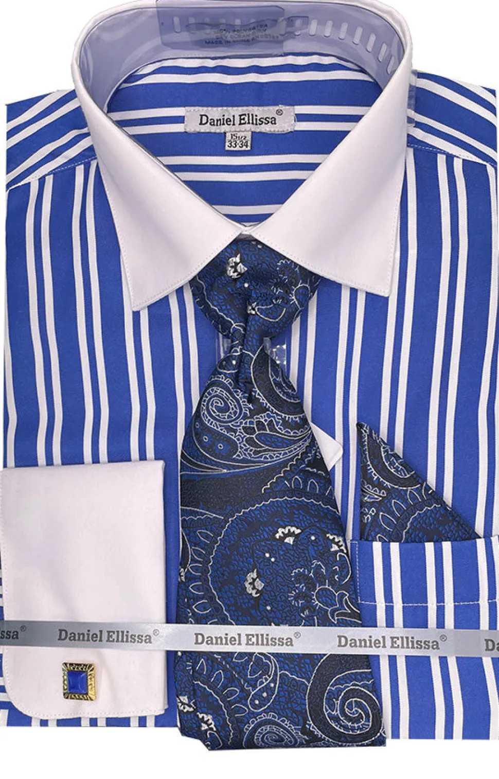 Royal Blue Striped French Cuff Dress Shirt Set with Tie and Pocket Square