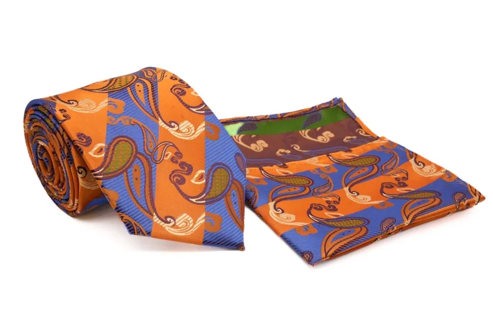 Royal Blue Orange Paisley Pattern Men's Tie and Pocket Square Set